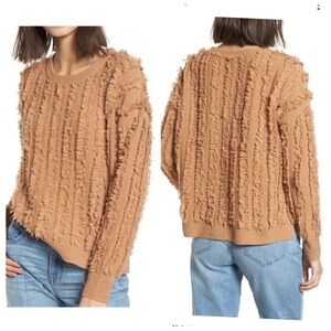 MADEWELL Fringe Stripe Pullover Sweater Merino Wool Caramel Camel Tan Sz Medium